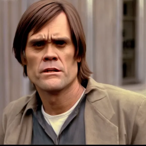 Image similar to Jim Carrey as Anton Chigurh, portrait, cinematic lighting, cinematic, kodak 2383 film