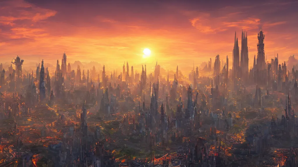 Image similar to sunrise over a fantasy city