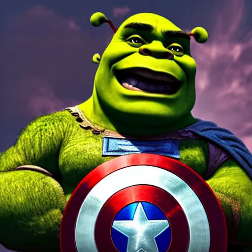 Image similar to digital painting of tiny super cute Shrek as Captain America in palms of someone's hands, octane render, volumetric lightening, by marvel