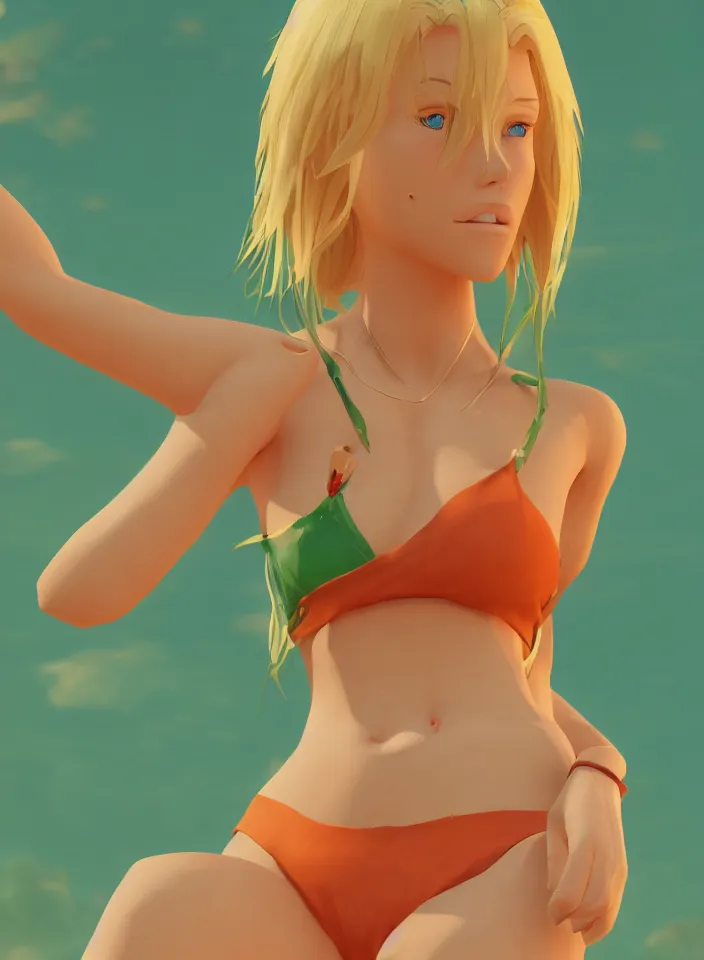 Image similar to beautiful blond woman in orange tribal bikini, blond hair pulled back off the face, green eyes, by makoto shinkai, 8 k, high resolution render, cinematic, unreal engine, clean lineart and flat color,