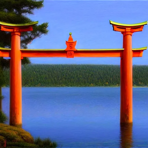 Image similar to torii gate in middle of a lake, portrait art by donato giancola and james gurney, digital art, trending on artstation