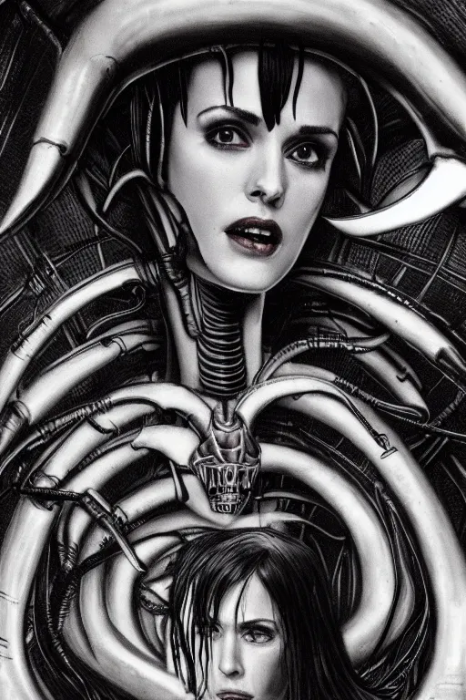 Prompt: winona ryder with xenomorph by h.r. giger, detailed, proportional, trending on art station, 4k