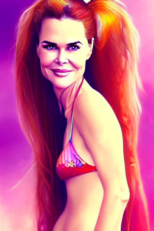 Image similar to portrait of a mix of beautiful young maria shriver, mariel hemmingway, brooke shields, nicole kidman and elle macpherson as a mermaid, thin lips, hair tied up in a pony tail, colorful artstation, cgsociety