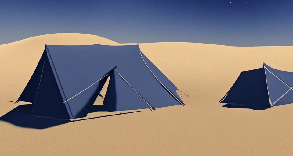 Image similar to hyper realistic matte painting of a small tent in the desert with dunes at midnight, dark blue color scheme, artstation, cgsociety