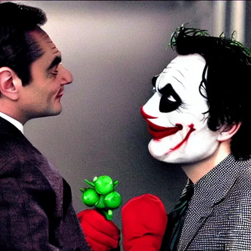 Prompt: romance scene of mr. bean and the joker making out in batman vs bean, elon musk cast as the joker, 2 0 2 0