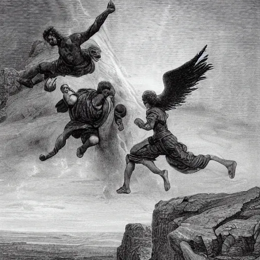 Image similar to A biblical painting of Jacob dropkicking an angel at the top of a mountain by Gustave Doré, black and white palette, Scenic, Dramatic, detailed, dropkick