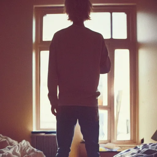 Image similar to kodak portra 4 0 0 photograph of a skinny blonde guy standing in cluttered 9 0 s bedroom, back view, moody lighting, telephoto, 9 0 s vibe, retro, blurry background, vaporwave colors, faded!,