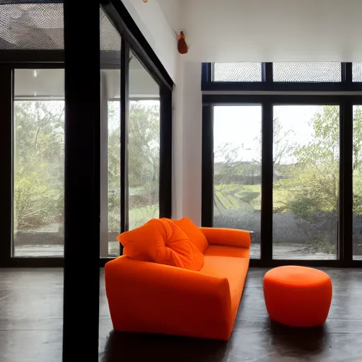 Prompt: wide angle photo inside a house made of sheer fabric. Translucent deep orange mesh fabric hangs over glass walls. The room is furnished with contemporary furniture by the campana brothers. The wind is blowing. The space glows with natural light. Bright morning light.