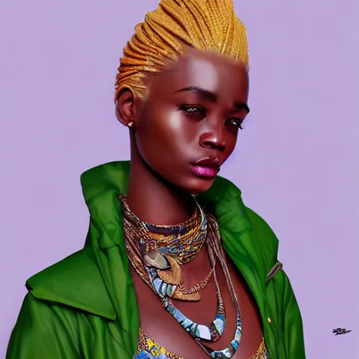 Prompt: A masterpiece portrait of a Incredibly beautiful African girl albino model with nose ring. With big bright rich African jewelry. In African royal gorgeous clothes. Vogue. trending on artstation, digital art, by Stanley Artgerm Lau, WLOP, Rossdraws, James Jean, Andrei Riabovitchev, Marc Simonetti, Yoshitaka Amano