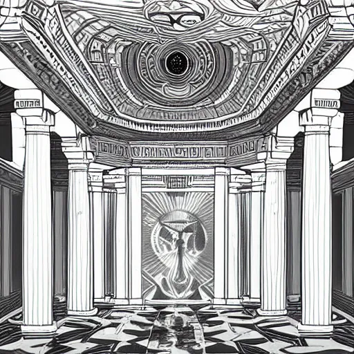 Prompt: Interior of Greek Temple the graphic style of Fiona Staples and Marvel Comics, hyper detailed, trending on artstation, glow, soft, volumetric, intricate, symmetric, Beautiful comic art