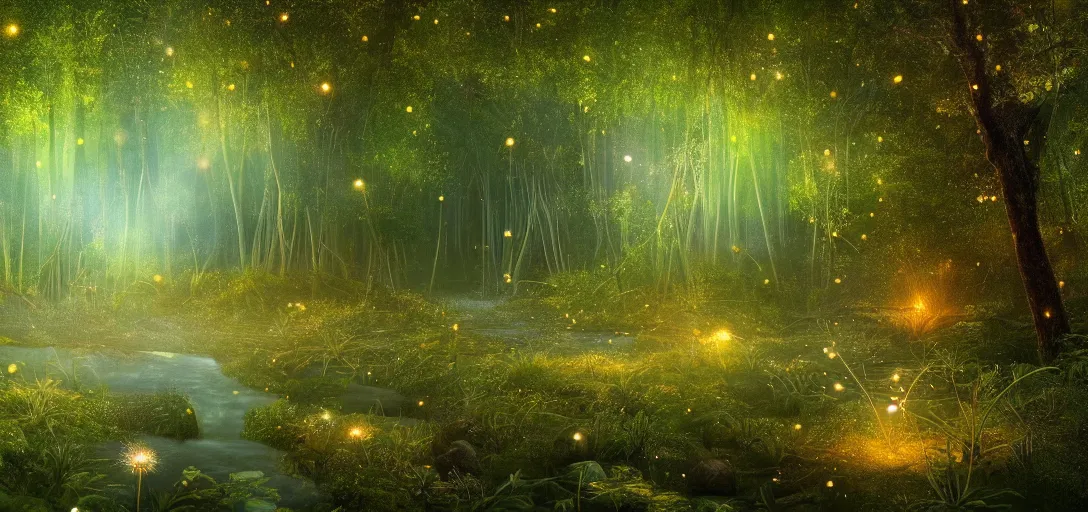 Image similar to beautiful view of a forest and a river, glowing dandelion seeds, fireflies, magical fairy dust, glowing water with caustics, mystical atmosphere, dappled light, reflections, light rays. refraction, symmetry, cinematic lighting, ultra detailed, sharp, ambient occlusion, bloom, raytracing, by dylan cole, sebastian meyer and jordan grimmer