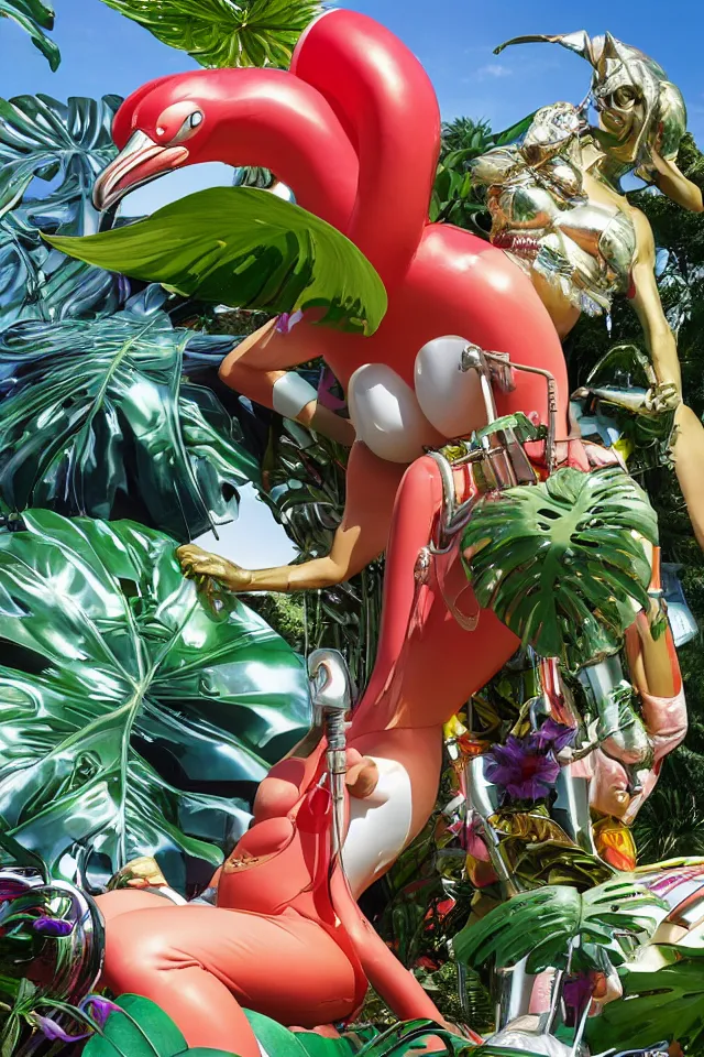 Image similar to an extreme close - up of a statue chrome cyborg lycra nymph battling a giant inflatable flamingo pool float, tropical flowers and monstera plants, explosions thick smoke, by jeff koons, hajime soryama, boris vallejo, artgerm, greg rutkowski, alphonse mucha