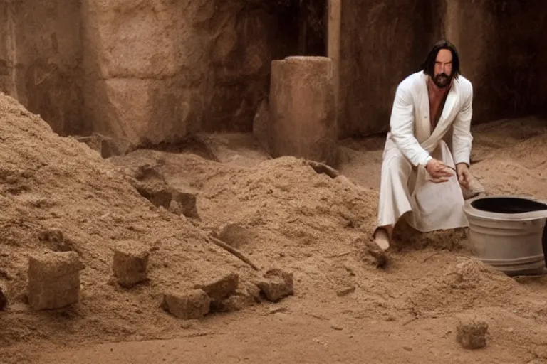 Image similar to film still of keanu reeves wearing an archaeological outfit sifting material at an ancient egyptian archaeological digsite