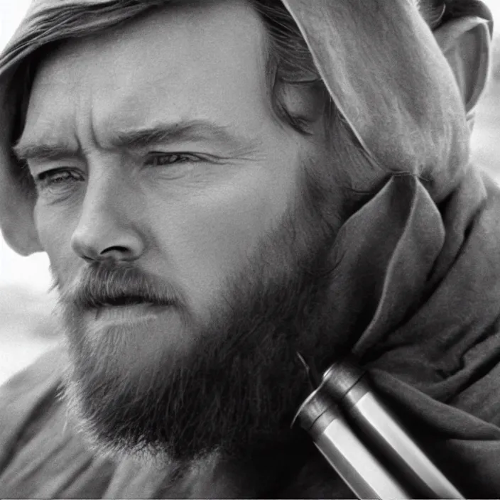 Image similar to obi wan kenobi shaves half his face, photoralistic rendering, movie still, screenshot, hyperdetailed