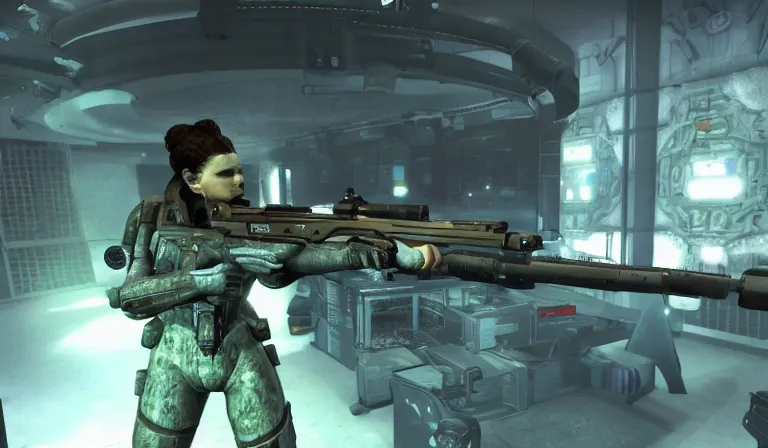 Image similar to Susie Essman aiming a sniper rifle in a video game, screenshot, wide shot, low angle, System Shock 2, Fallout New Vegas, Deus Ex, Doom Eternal, Quake, Perfect Dark, Bioshock, Half Life 2, Alien Isolation, Soma, Dead Space