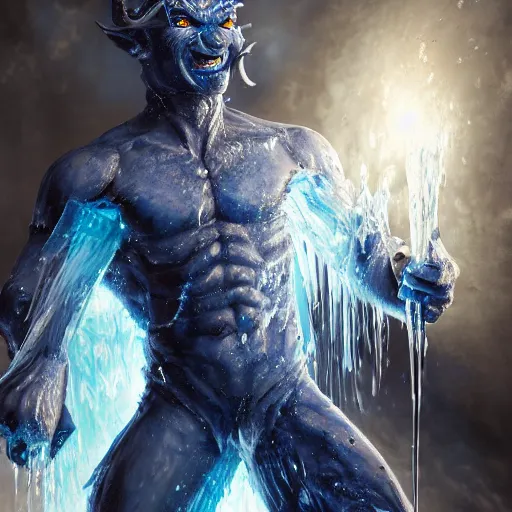 Image similar to a blue tiefling man frozen in ice and shattering into a million pieces, by Tony Sart, detailed, realistic, masterpiece, symmetrical