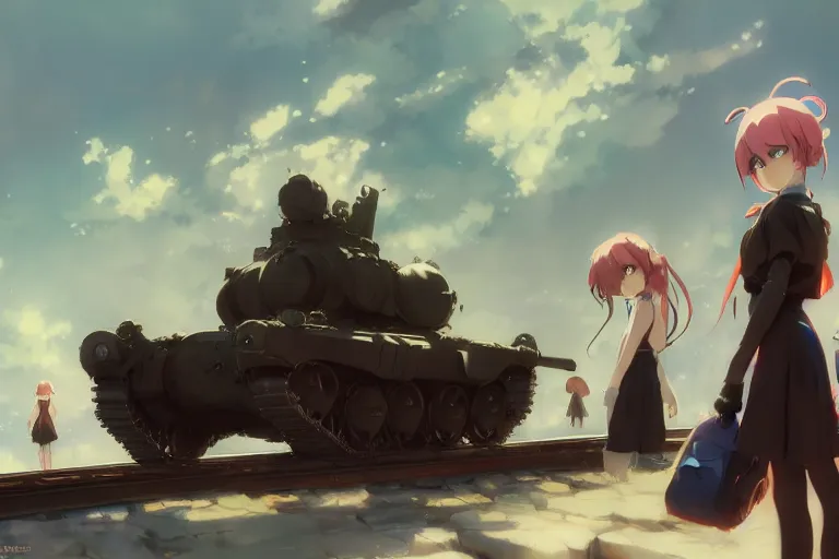 Image similar to anime key visual concept art of fantasy rail canon tank with anime maids, trending on artstation, brush strokes, oil on canvas, style of kawacy and makoto shinkai and greg rutkowski