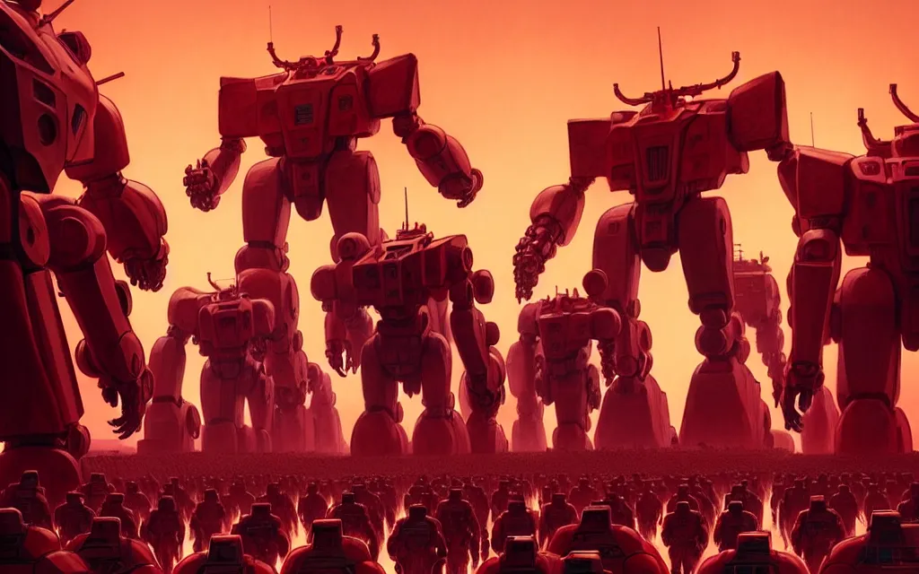 Image similar to a cinematic scene of marching red colossal mechs going to war by moebius and stephan martiniere and dan mumford, trending on artstation, digital art, 4 k resolution, detailed, high quality, sharp focus, hq artwork, insane detail, cinematic, volumetric lighting, dramatic lighting, epic light, cinematic aesthetic
