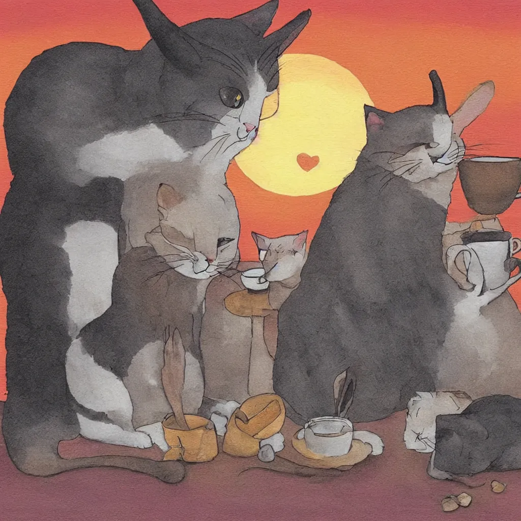 Image similar to a cat and a rabbit sit and drink coffee in the sunset