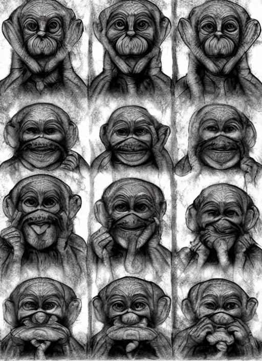 Prompt: three wise monkeys, see no evil, hear no evil, speak no evil, ralph goings, digital art