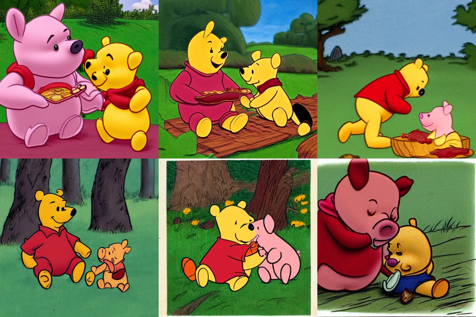 Prompt: winnie the pooh eating piglet, bacon