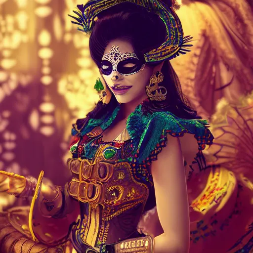 Image similar to the portrait, masked mexican mariachi woman, exotic costumes, gold jewelry, black hair, illustration by wenjun lin, irakli nadar, bright colors, octopath traveler, wenjun lin, unreal engine 5 highly rendered, global illumination, radiant light, detailed and intricate environment