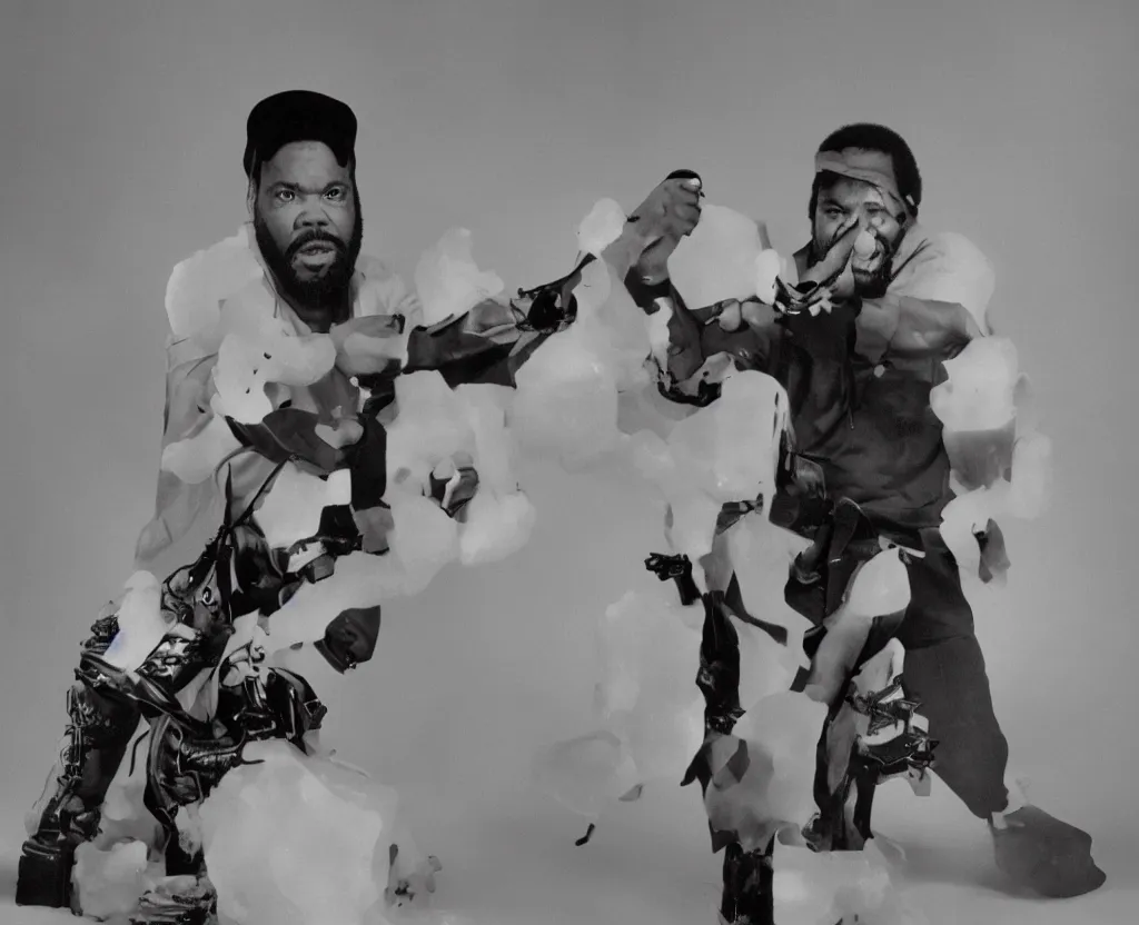 Image similar to Ice cube with arms and hair, ants and flames, 1980 product photo