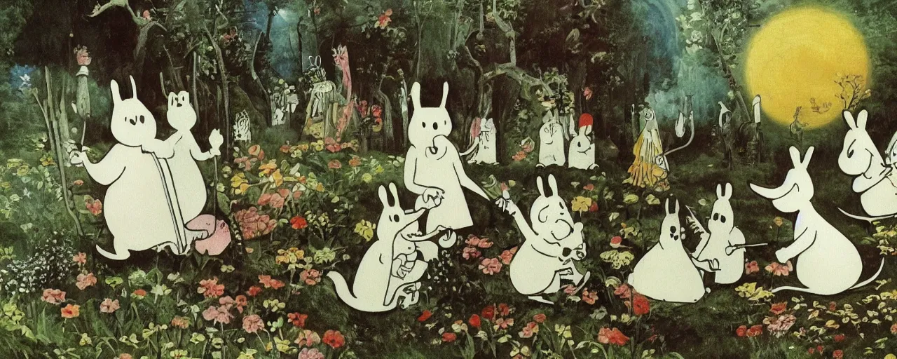 Image similar to the moomins, bosch painting, very detailed!, high quality