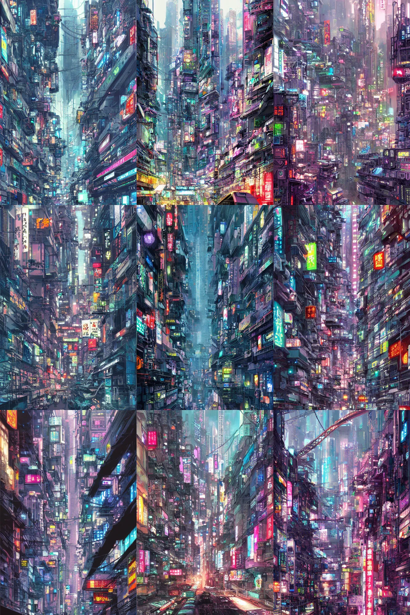 Prompt: colorful cyberpunk futuristic hongkong, lots of building, lots of bridges, lots of billboards, by yoshitaka amano, ultra detailed, digital art, concept art, illustration