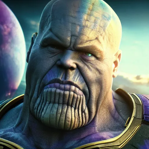 Image similar to thanos juggling planets movie still, cinematic, photorealistic, extreme detail, sharp focus, 8 k, intricate, hyper detailed, realistic, cinematic lighting