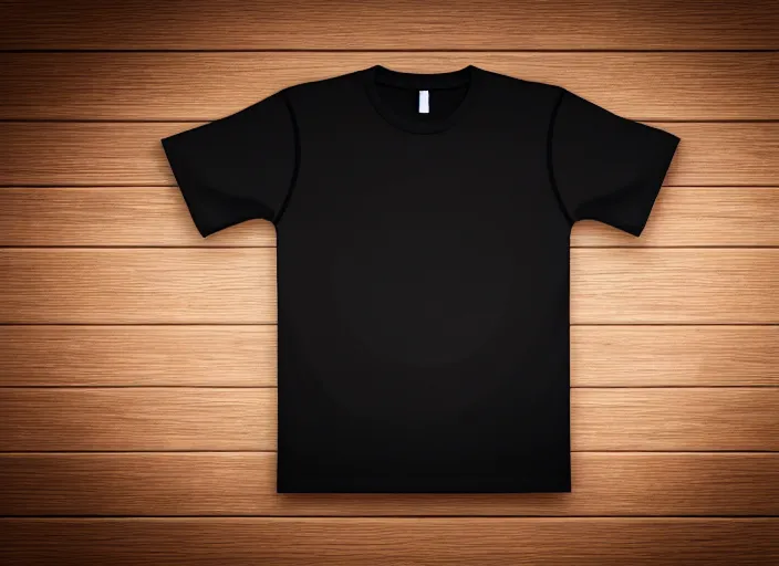 Image similar to clear highly detailed photorealistic mockup product photograph of a blank black tshirt on a wooden background