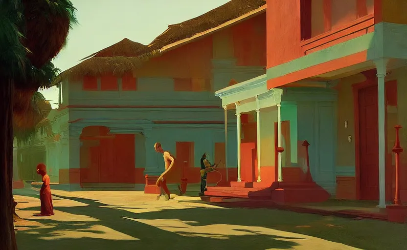 Image similar to Mysteriuos kerala village, very coherent, painted by Edward Hopper, Wayne Barlowe, painted by James Gilleard, airbrush, art by JamesJean