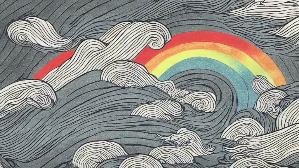 Prompt: japanese woodblock swirling rainbow in black sky with puffy black clouds. trending on artstation.