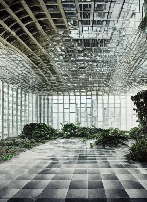 Image similar to “derelict architecture single building , the floor are checkered with plants around the building, building designed by architect Oscar Niemeyer, architecture digest, building surrounded in a luxury environment, bright tones, fluorescent lighting,volumetric Lighting, photorealism, high detail, golden ratio, cinematic, octane renderer”