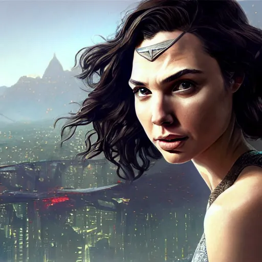 Image similar to highly detailed portrait, gal gadot, in gta v, stephen bliss, unreal engine, fantasy art by greg rutkowski, loish, rhads, ferdinand knab, makoto shinkai and lois van baarle, ilya kuvshinov, rossdraws, tom bagshaw, global illumination, radiant light, detailed and intricate environment