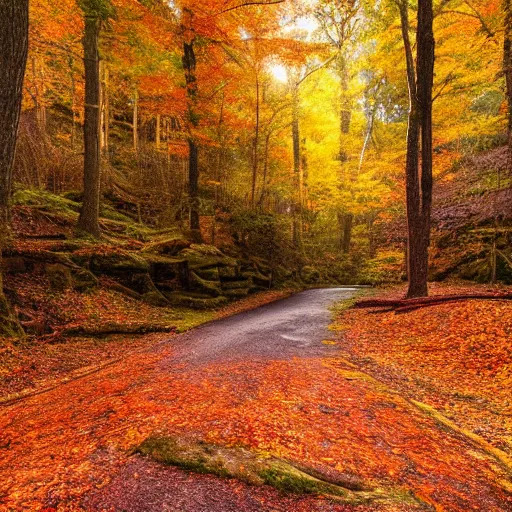 Prompt: super relaxing autumn crisp day in the appalachian mountains, fall, october, crisp cool day, warm sun, memories and nostalgia, hyperrealism photo - realistic photography volumetric lighting enchantingly beautiful forest