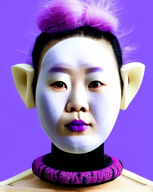 Image similar to symmetrical portrait of an asian woman wearing a silicone embroidered purple beauty mask and white hair buns, wearing a black bodysuit by alexander mcqueen, cream white background, soft light, biotechnology, humanoide robot, bjork aesthetic, translucent, by rineke dijkstra, intricate details, highly detailed, masterpiece,