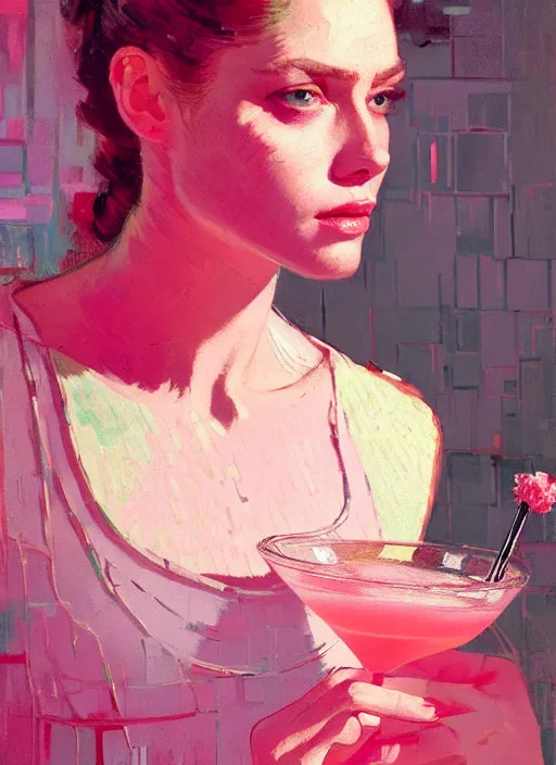 Prompt: portrait of a beautiful girl, drinking a cocktail, shades of pink, beautiful face, rule of thirds, intricate outfit, spotlight, by greg rutkowski, by jeremy mann, by francoise nielly, by van gogh, digital painting