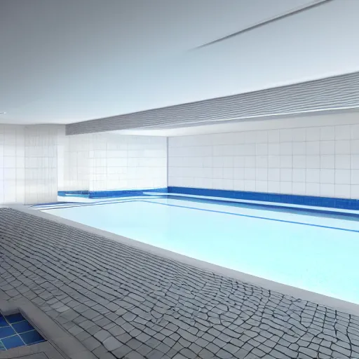Prompt: a very large empty pool, liminal space, white and blue ceramic tile ceiling, horizontally symmetrical , octane render, sharp focus