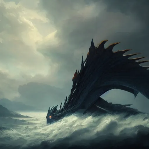 Image similar to concept art, of a giant dragon made of dark clouds, thunderstom, rain, medieval, dark concept art, dark skies painting by wlop, nixeu and greg rutkowski, beautiful, semirealism, artstation, octane render, oil painting, sharpness, 8 k, golden ratio