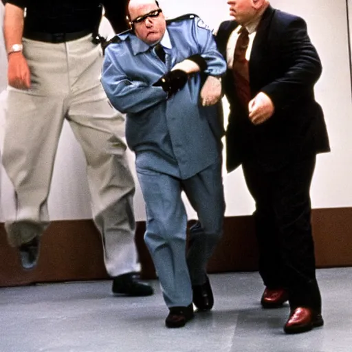 Image similar to 8k photo George Costanza being arrested by Kramer on an episode of Seinfeld,