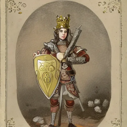 Image similar to an anthropomorphic poppy flower wears an iron breastplate with a gilded crown crest on it, holding a sword and shield as if she's ready for battle, standing next to a large tree stump that seems to be made out of white marble or stone, digital art