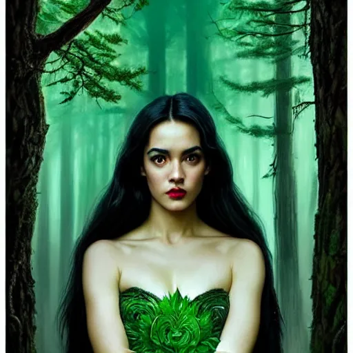 Prompt: gorgeous Jade Tailor (The Magicians TV show), realistic character concept, black hair, symmetrical face symmetrical eyes, green dress, forest, trees, medium shot, shorter neck, illustration, cinematic lighting, artgerm, Tom Bagshaw, Norman Rockwell, insanely detailed and intricate, beautiful