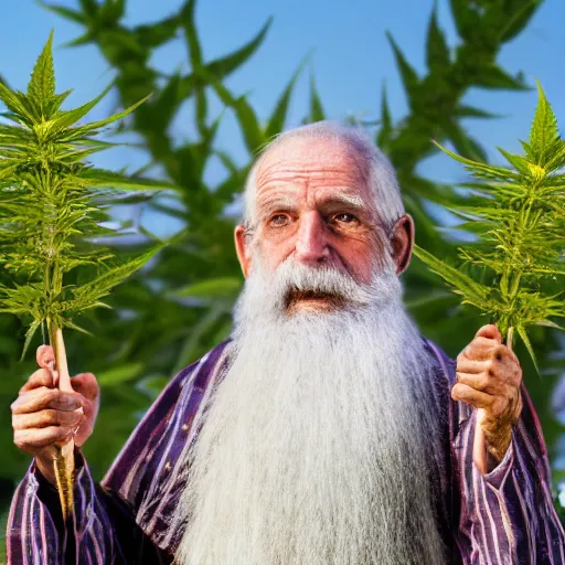 Prompt: an 8k digital photograph of an old man in a kings costume standing with a hemp bud in his hands