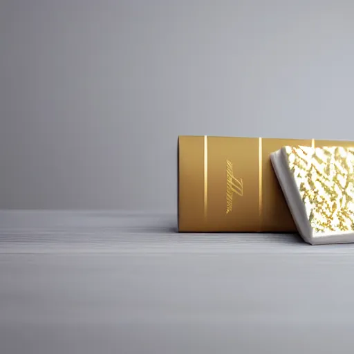 Image similar to white and gold chocolate packaging, ultrarealistic, smooth, sharp focus, great light,