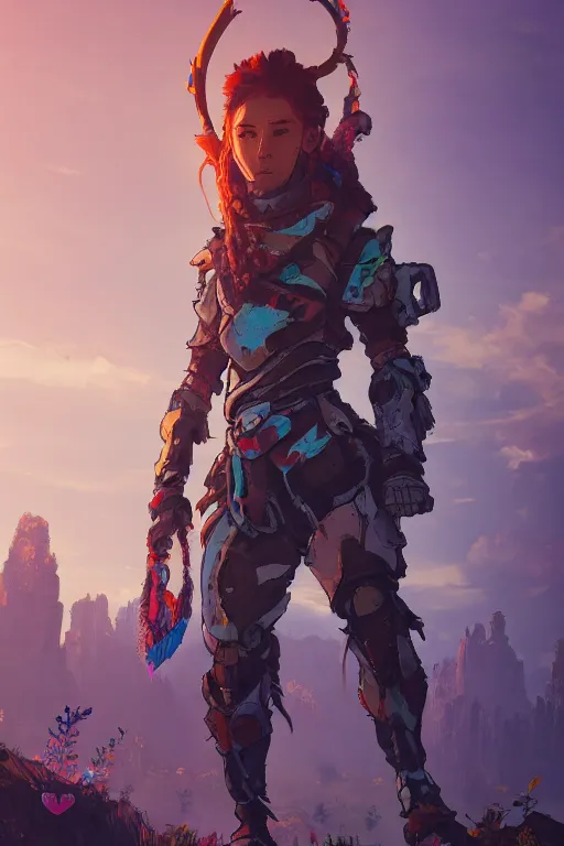 Image similar to combination suit armor aloy horizon forbidden west horizon zero dawn radiating a glowing aura global illumination ray tracing hdr fanart arstation by ian pesty and alena aenami artworks in 4 k tribal robot ninja mask helmet backpack