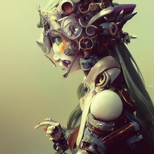 Image similar to matte painting, by yoshitaka amano, by ruan jia, by conrad roset, by good smile company, detailed anime 3d render of a 27yo female jester android, portrait, cgsociety, artstation, quirky mechanical costume and grand headpiece, surreal mystical atmosphere