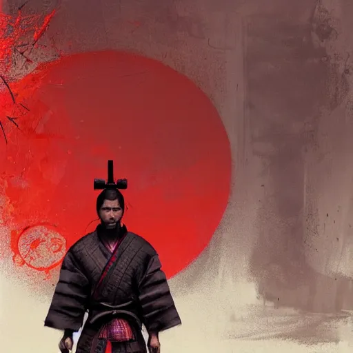 Prompt: artwork by Craig Mullins and Russ Mills and SPARTH showing a well-adjusted samurai in front of a red circle