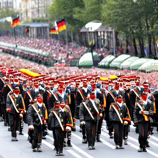 Image similar to a parade of the german army, the army is wearing clown hats.