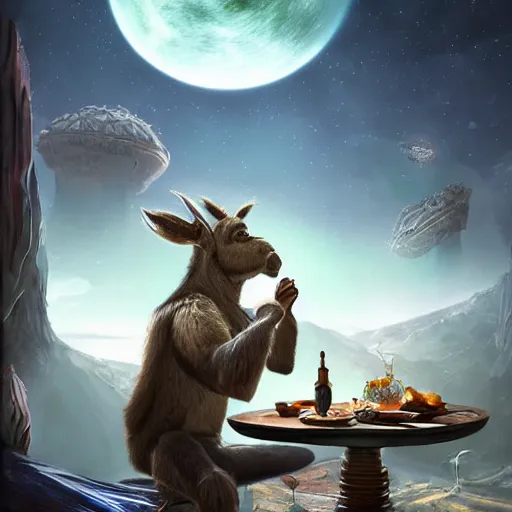 Image similar to ultrarealistic, ultradetailed, donkey eating breakfast, sitting on a futuristic table with aliens, at the end of the universe, very very very ultradetailed, epic fantasy style art, fantasy epic digital art, epic fantasy art, hearthstone style art